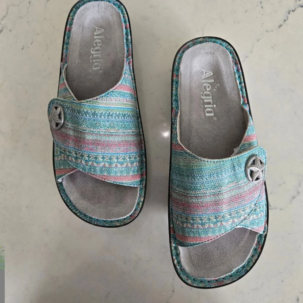 Women's Alegria Kylee Starfish Seascape Leather Slide Sandals Size 37